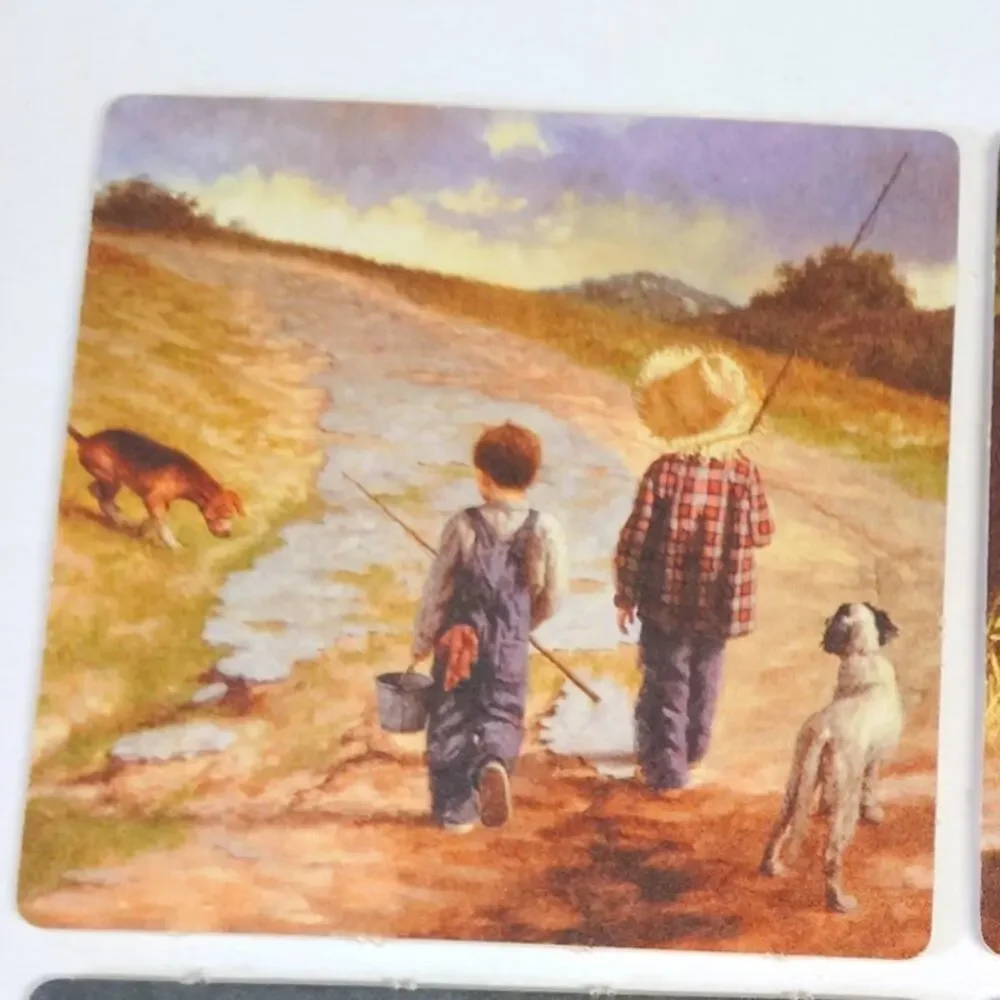 VTG Rustic Americana Kids Coasters Set of 4 Reversible Country Scenes NEW